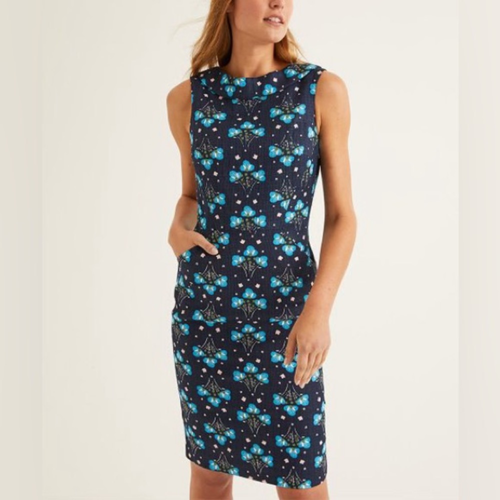 Boden French Navy Star Bouquet Floral Roll Collar Dress| size US 16R NWT